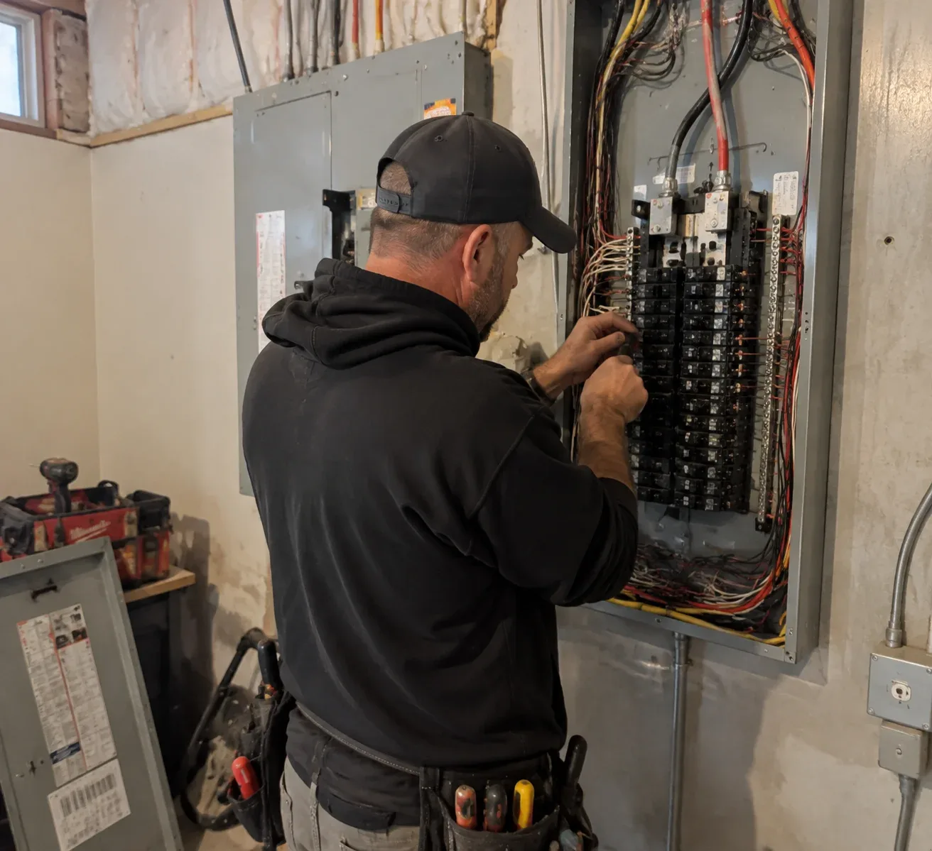 Electrician performing an electrical panel upgrade in St. Catharines