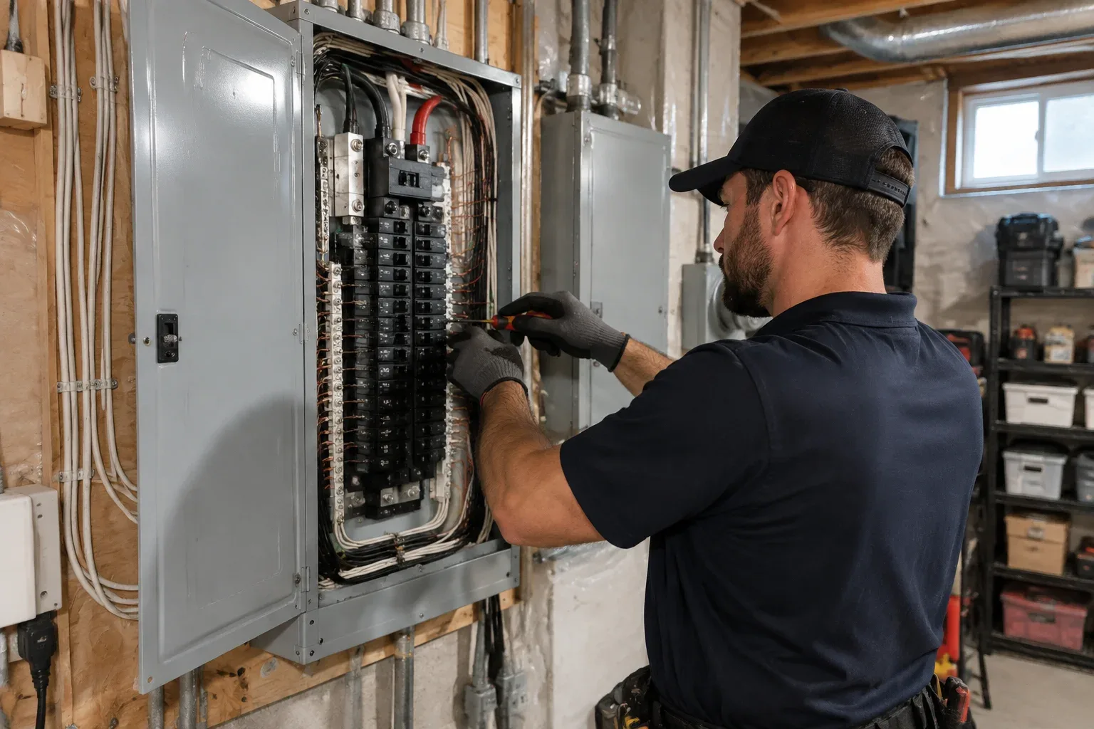 Electrician upgrading a residential electrical service from 100 amp to 200 amp in St. Catharines