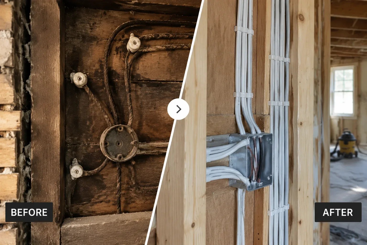 Electrician replacing outdated wiring during a home rewiring project in St. Catharines