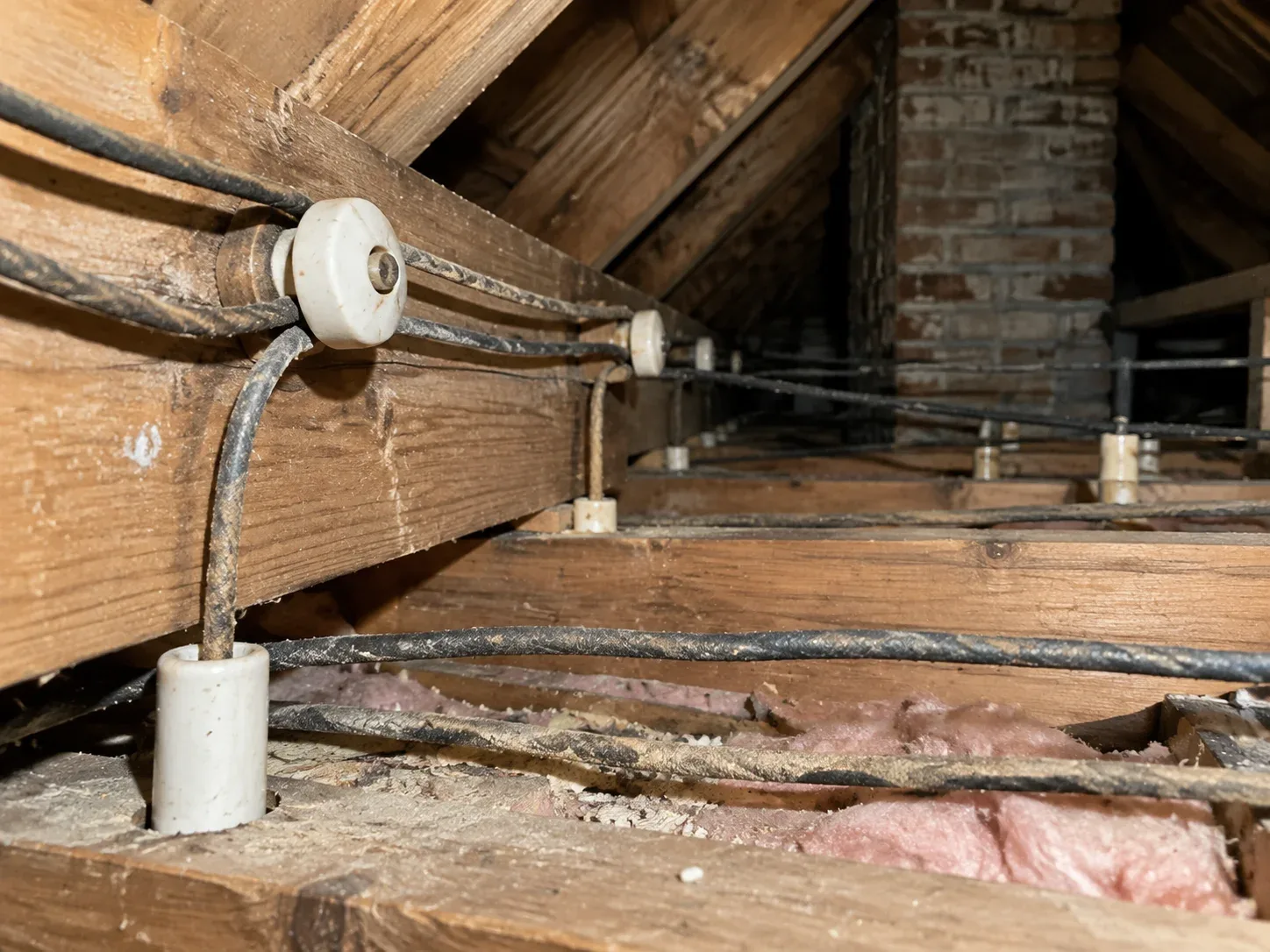 Electrician inspecting old knob and tube wiring in a St. Catharines home