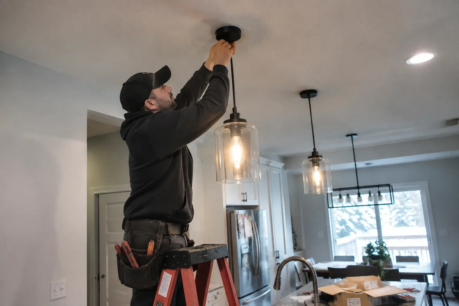 Electrician installing modern lighting in a St. Catharines home